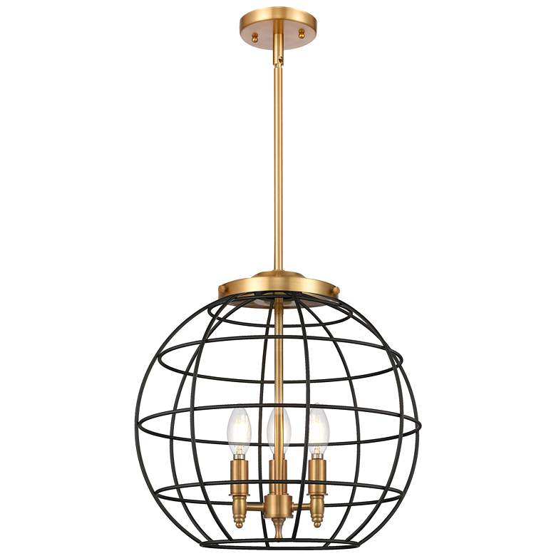 Image 1 Lake Placid 16"W 3 Light Satin Gold Stem Hung Pendant With Black Shade