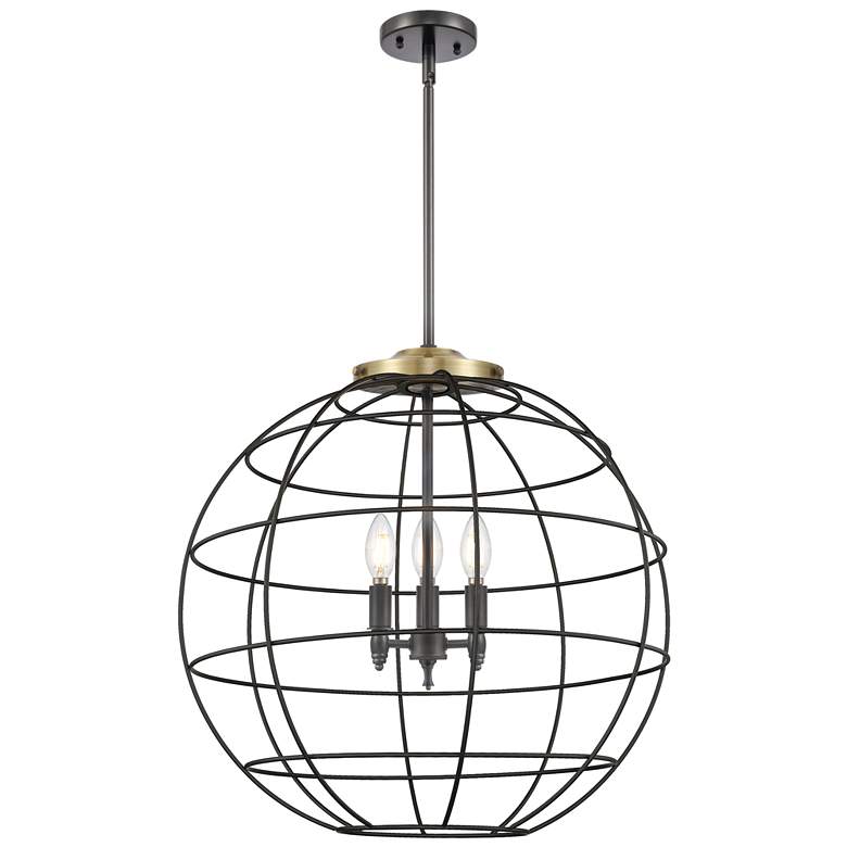 Image 1 Lake Placid 22"W 3 Light Black Brass Stem Hung Pendant With Black Shad