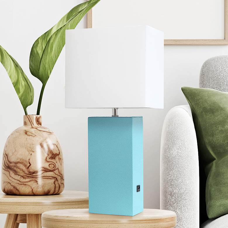 Image 1 Lalia Home 21" Aqua Blue Leather Coastal Accent Table Lamp with USB