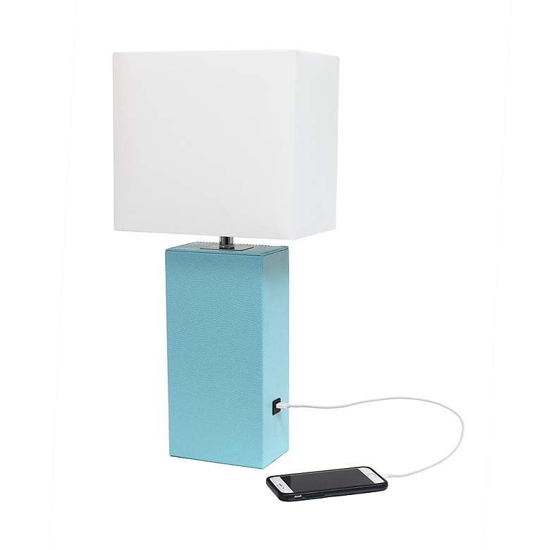 Image 7 Lalia Home 21" Aqua Blue Leather Coastal Accent Table Lamp with USB more views