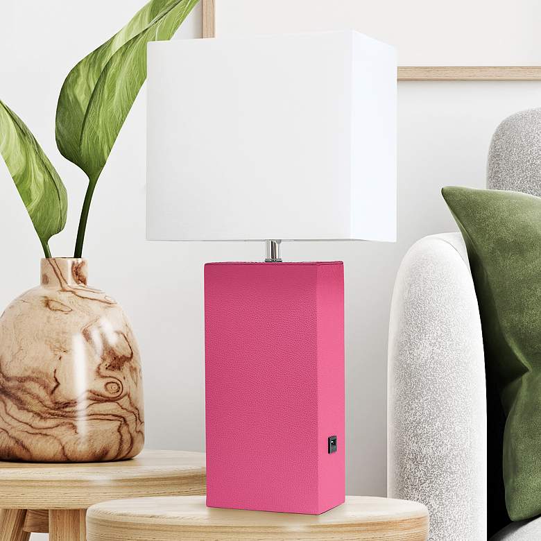 Image 1 Lalia Home 21" Lexington Hot Pink Leather USB Accent Table Lamp