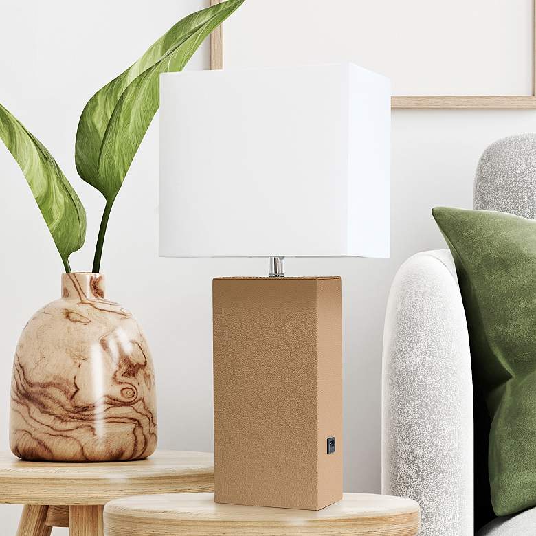 Image 1 Lalia Home Lexington 21" Beige Leather USB Accent Table Lamp