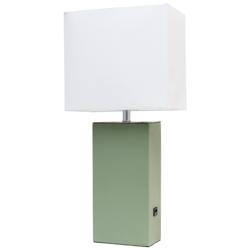Lalia Home Lexington 21&quot; Leather Base Table Lamp with USB, Sage Green