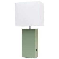 Lalia Home Lexington 21" Leather Base Table Lamp with USB, Sage Green