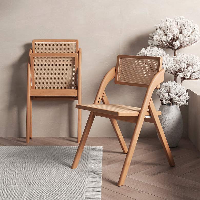 Image 1 Lambinet Nature Wood Cane Folding Dining Chairs Set of 2