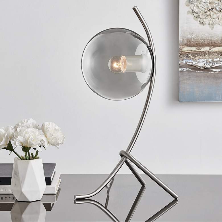 Image 1 Lancy 18 1/2 inch High Nickel Tripod Table Lamp with Smoke Shade