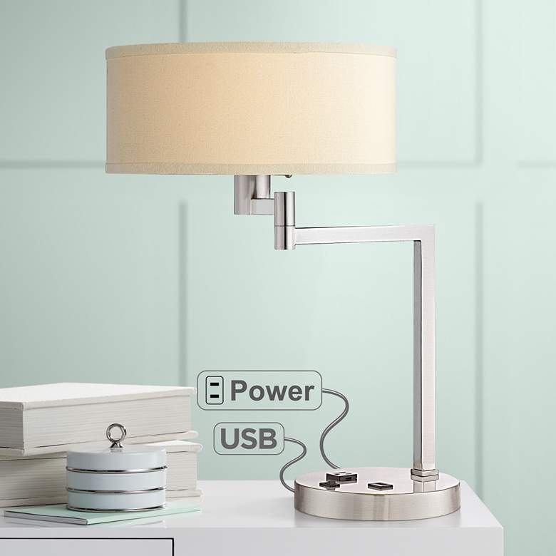 Image 1 Landon Nickel Accent Table Lamp with Outlet and USB Port