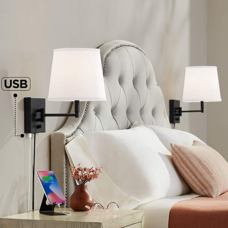 Lanett Black Plug-in Swing Arm Wall Lamps Set of 2 with USB Port