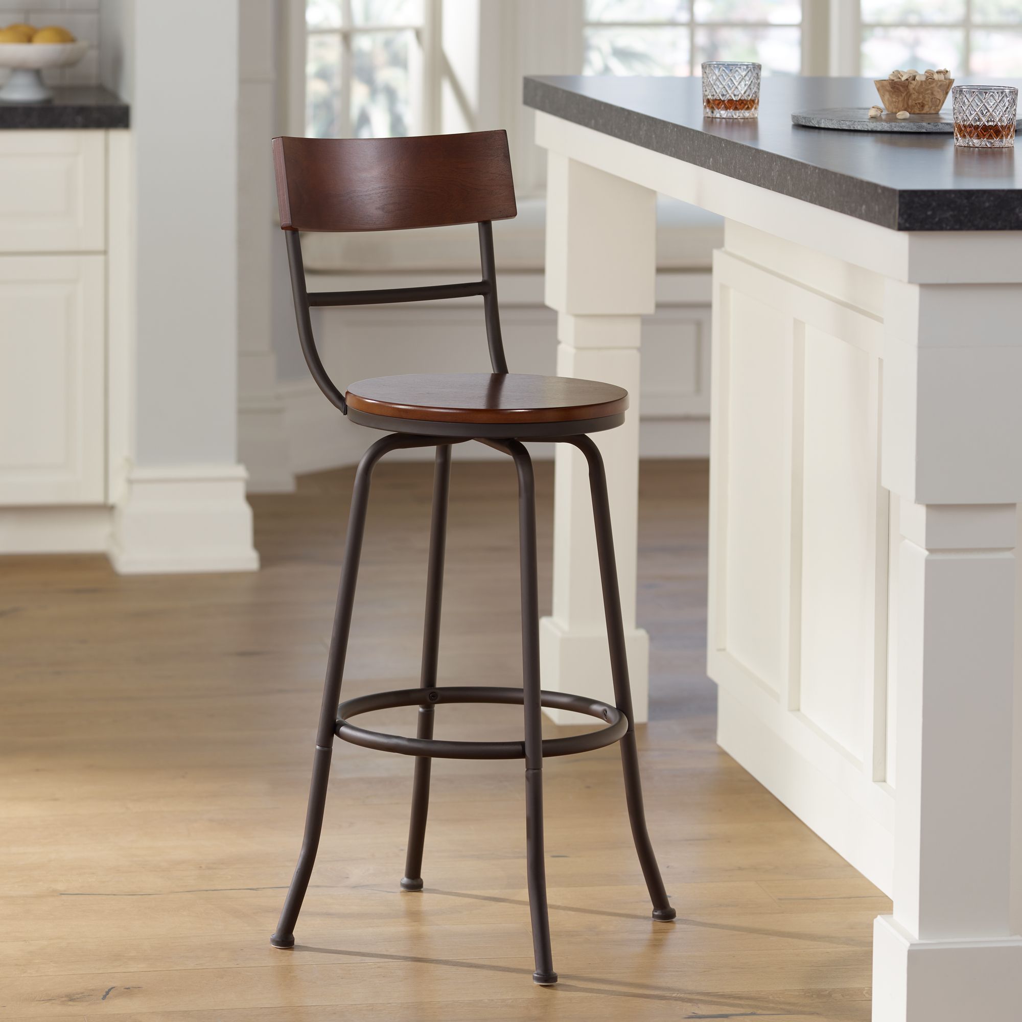 Image 7 Langdon 29" Wood and Bronze Metal Swivel Bar Stools Set of 2 more views