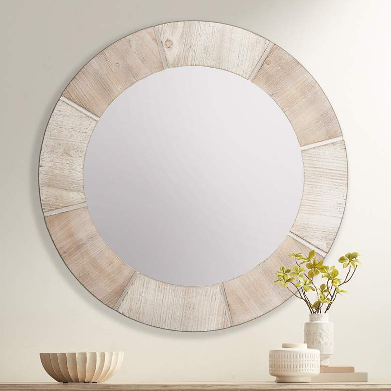 Image 1 Langley White Washed and Light Brown 34" Round Wall Mirror