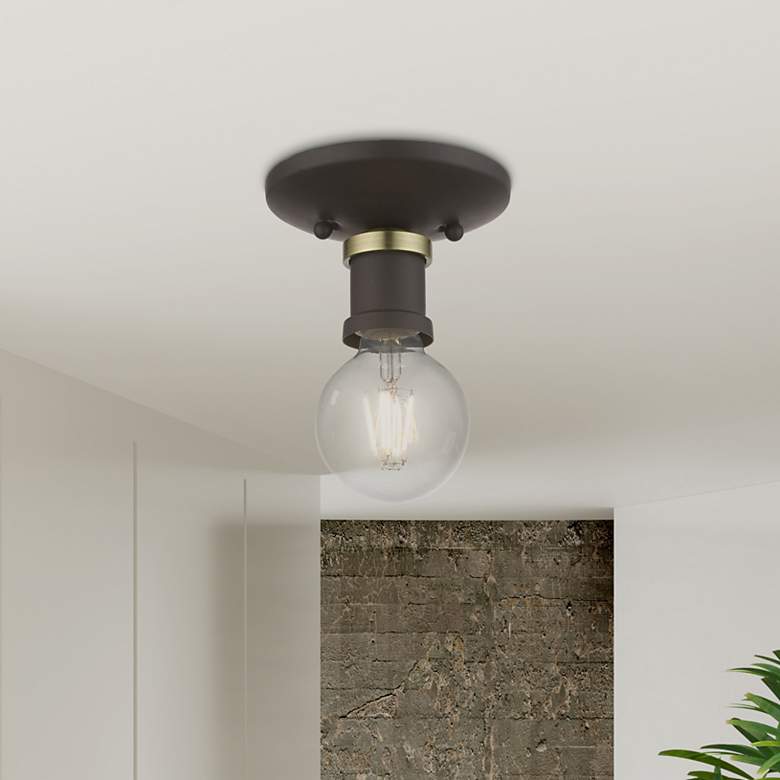Image 1 Lansdale 1 Light Bronze Single Flush Mount with Antique Brass Accents