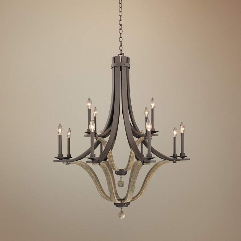 Image 1 Lansing 38"-W Satin Bronze 12-Light Forged Iron Chandelier