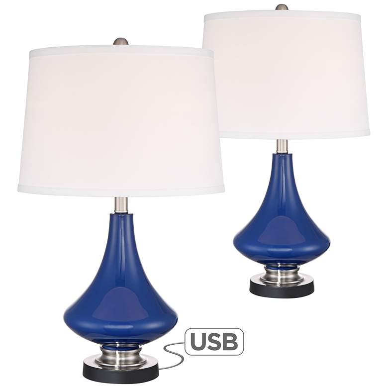 Image 1 Lapis Blue Glass Accent Table Lamp with USB Port Set of 2