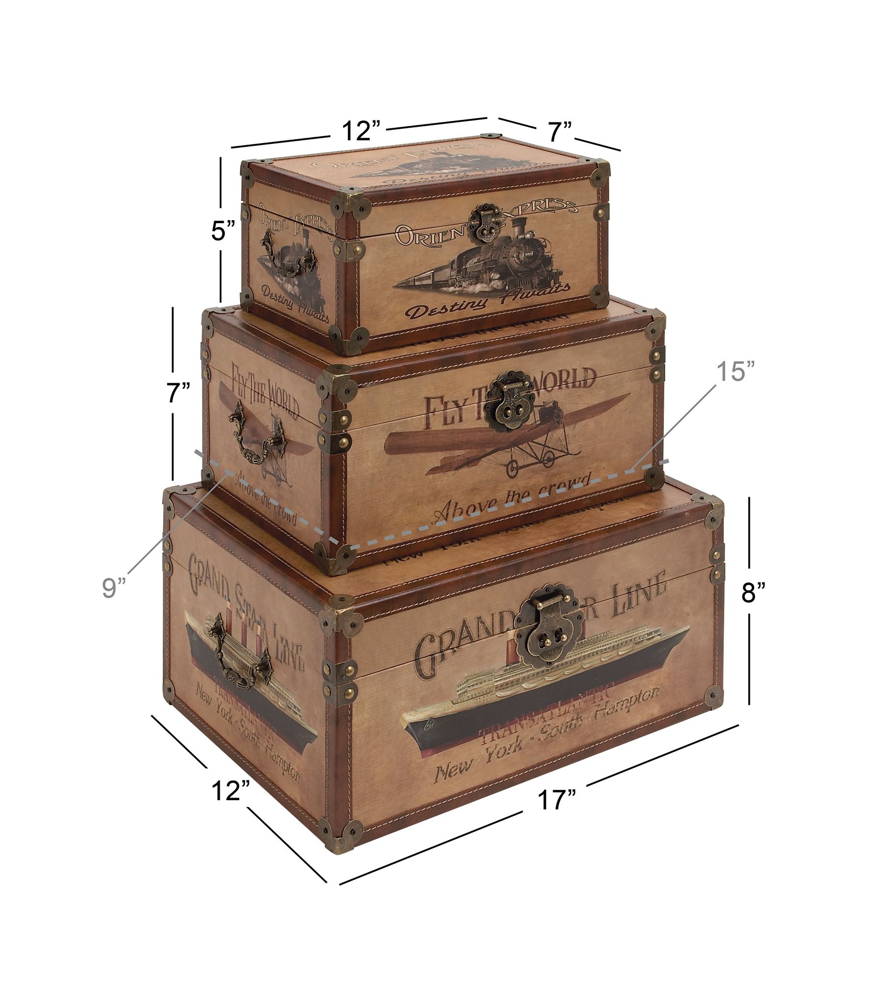 Laramie 17" Wide Brown Wood Nesting Trunks Set of 3