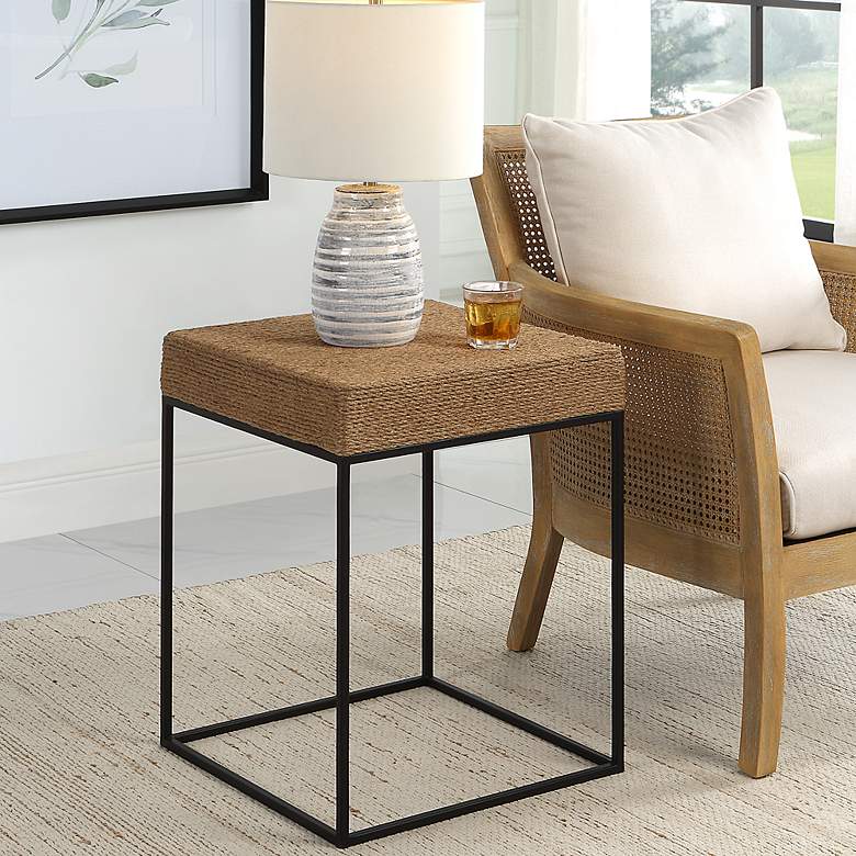 Image 1 Laramie 18"W Natural Braided Rope Black Iron Accent Table