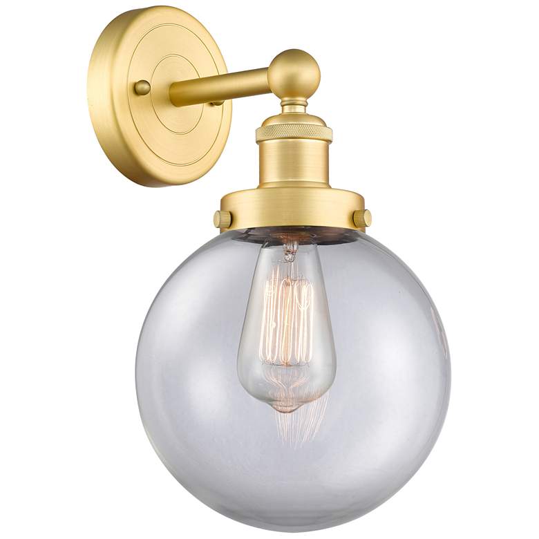 Image 1 Large Beacon 10"High Satin Gold Sconce With Clear Shade