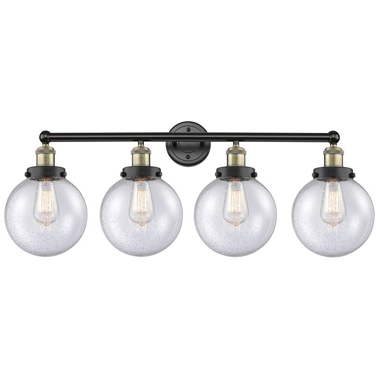 Image 1 Large Beacon 33.5"W 4 Light Black Brass Bath Vanity Light w/ Seedy Sha