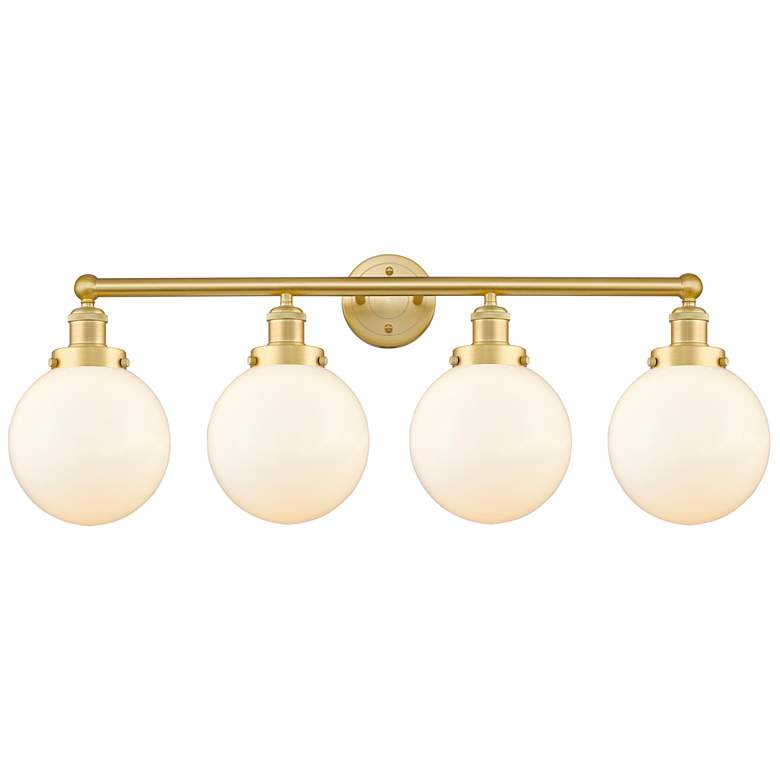 Image 1 Large Beacon 33.5"W 4 Light Satin Gold Bath Light w/ Matte White Shade