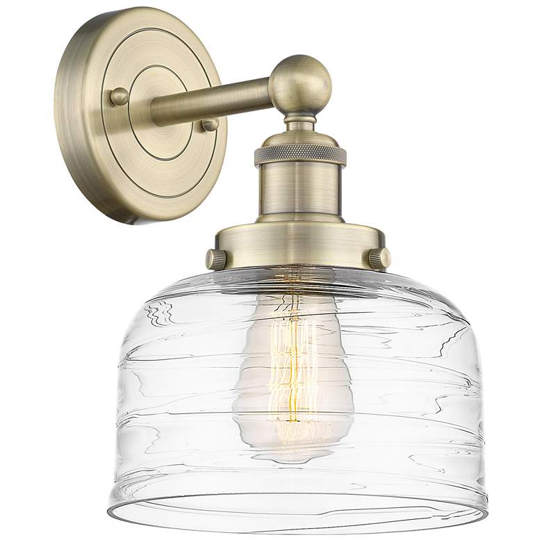 Image 1 Large Bell 10"High Antique Brass Sconce With Clear Deco Swirl Shade