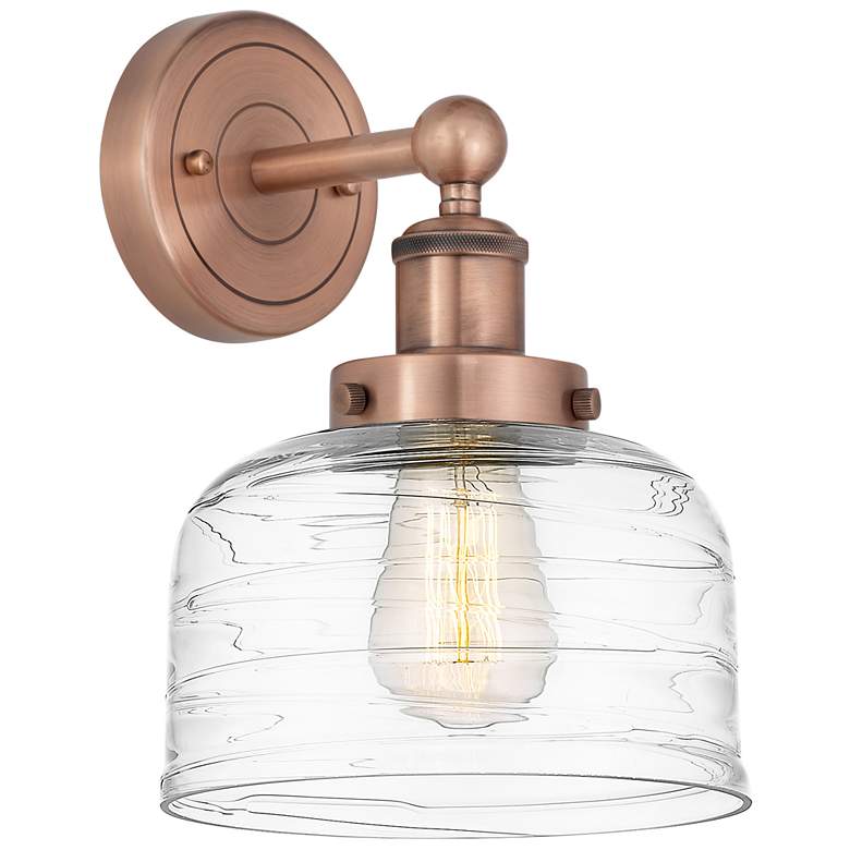 Image 1 Large Bell 10"High Antique Copper Sconce With Clear Deco Swirl Shade