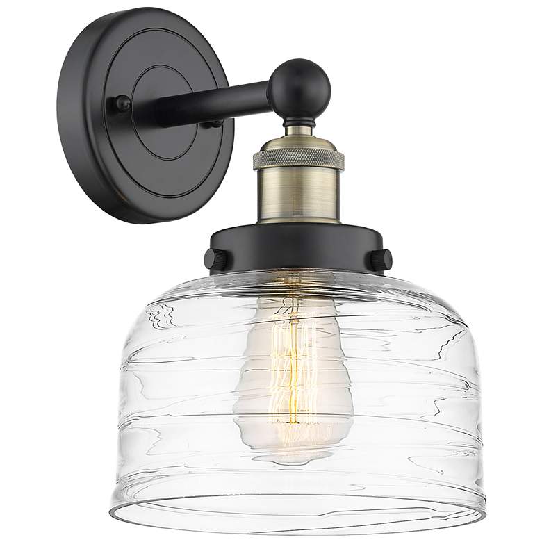 Image 1 Large Bell 10"High Black Antique Brass Sconce With Clear Deco Swirl Sh