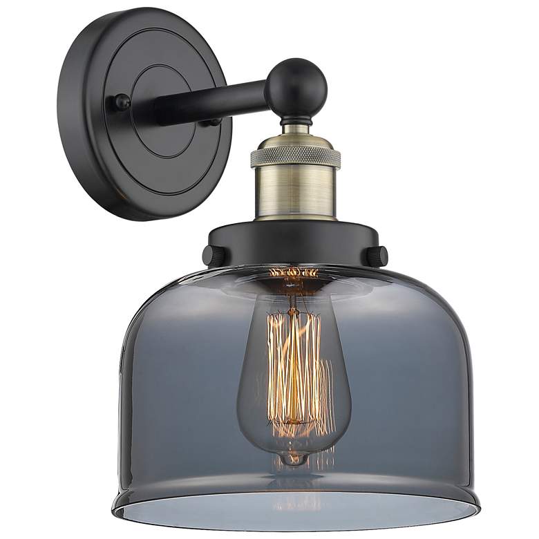 Image 1 Large Bell 10"High Black Antique Brass Sconce With Plated Smoke Shade