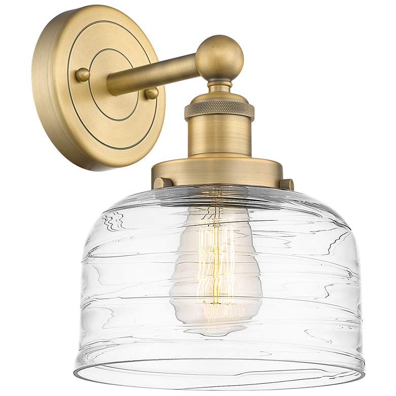 Image 1 Large Bell 10"High Brushed Brass Sconce With Clear Deco Swirl Shade