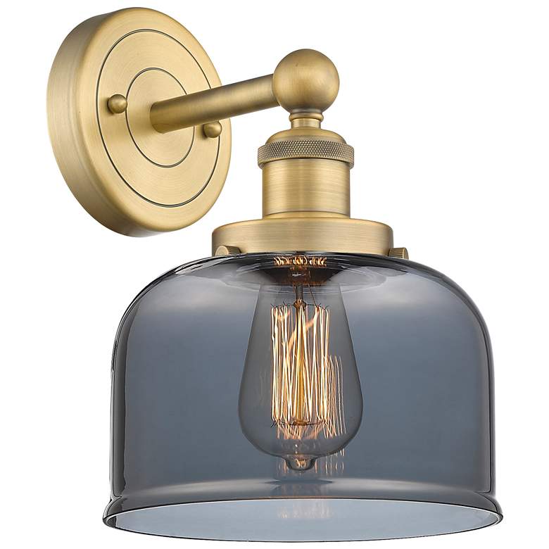 Image 1 Large Bell 10"High Brushed Brass Sconce With Plated Smoke Shade