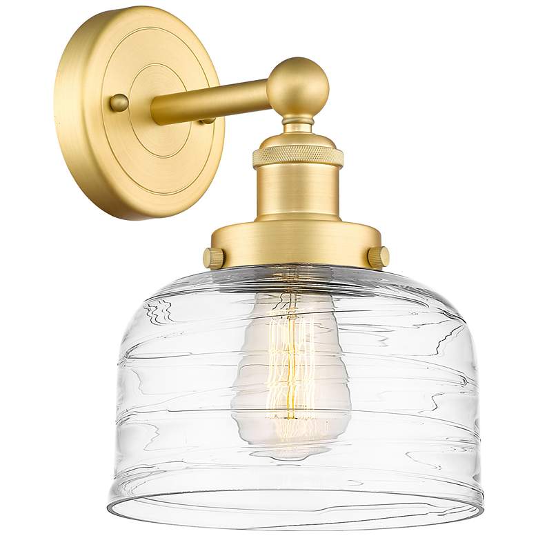 Image 1 Large Bell 2.25" High Satin Gold Sconce With Deco Swirl Shade