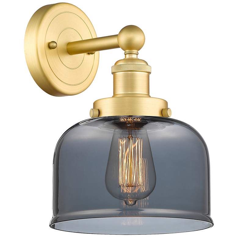Image 1 Large Bell 2.25" High Satin Gold Sconce With Plated Smoke Shade