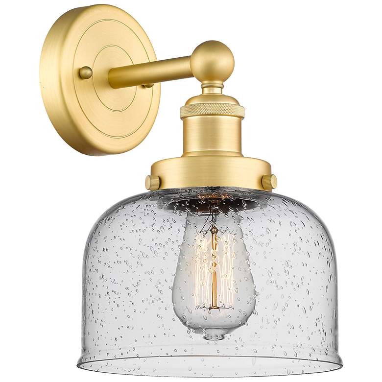 Image 1 Large Bell 2.25" High Satin Gold Sconce With Seedy Shade