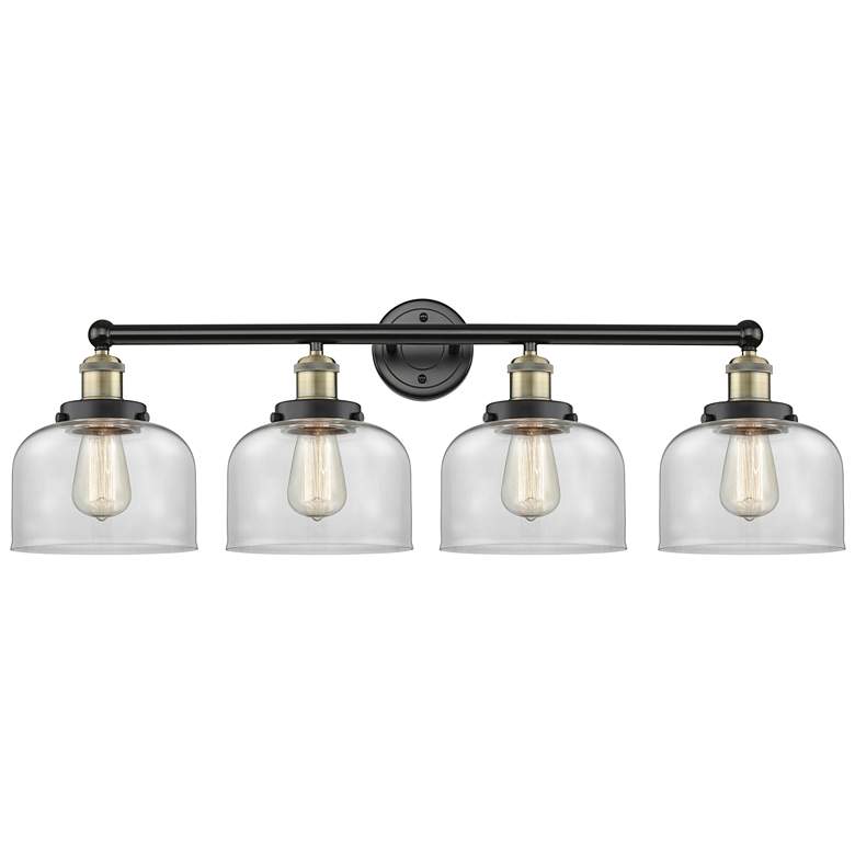 Image 1 Large Bell 33.5" Wide 4 Light Black Brass Bath Vanity Light w/ Clear S