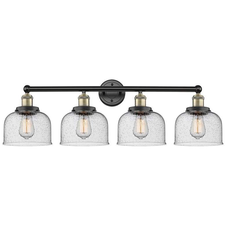 Image 1 Large Bell 33.5" Wide 4 Light Black Brass Bath Vanity Light w/ Seedy S