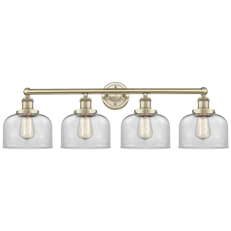 Image 1 Large Bell 33.5"W 4 Light Antique Brass Bath Vanity Light With Clear S