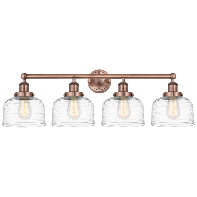 Image 1 Large Bell 33.5"W 4 Light Antique Copper Bath Light With Deco Swirl Sh