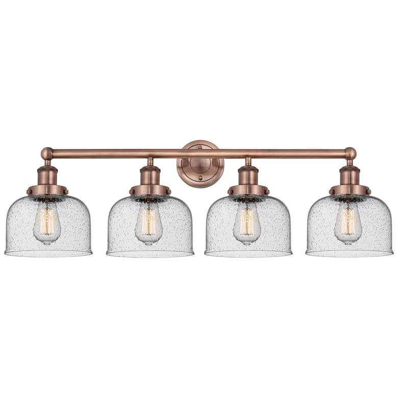 Image 1 Large Bell 33.5"W 4 Light Antique Copper Bath Vanity Light With Seedy