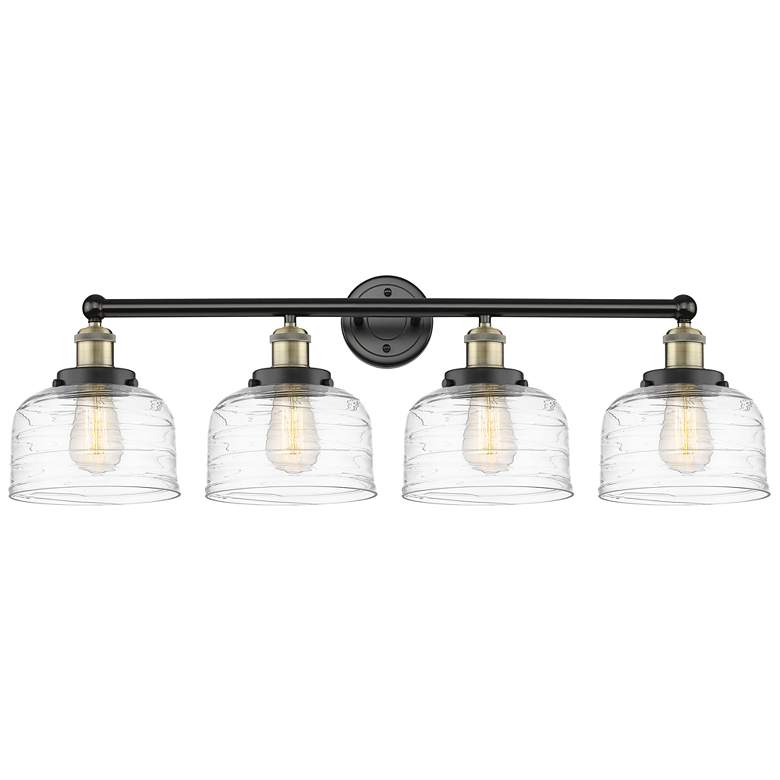 Image 1 Large Bell 33.5"W 4 Light Black Brass Bath Vanity Light w/ Deco Swirl