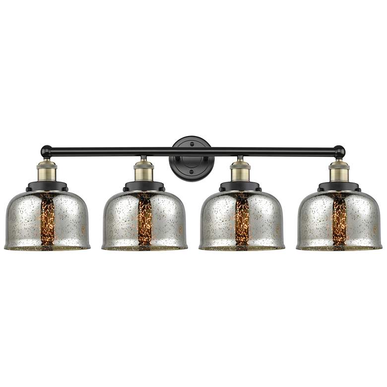 Image 1 Large Bell 33.5"W 4 Light Black Brass Bath Vanity Light w/ Mercury Sha