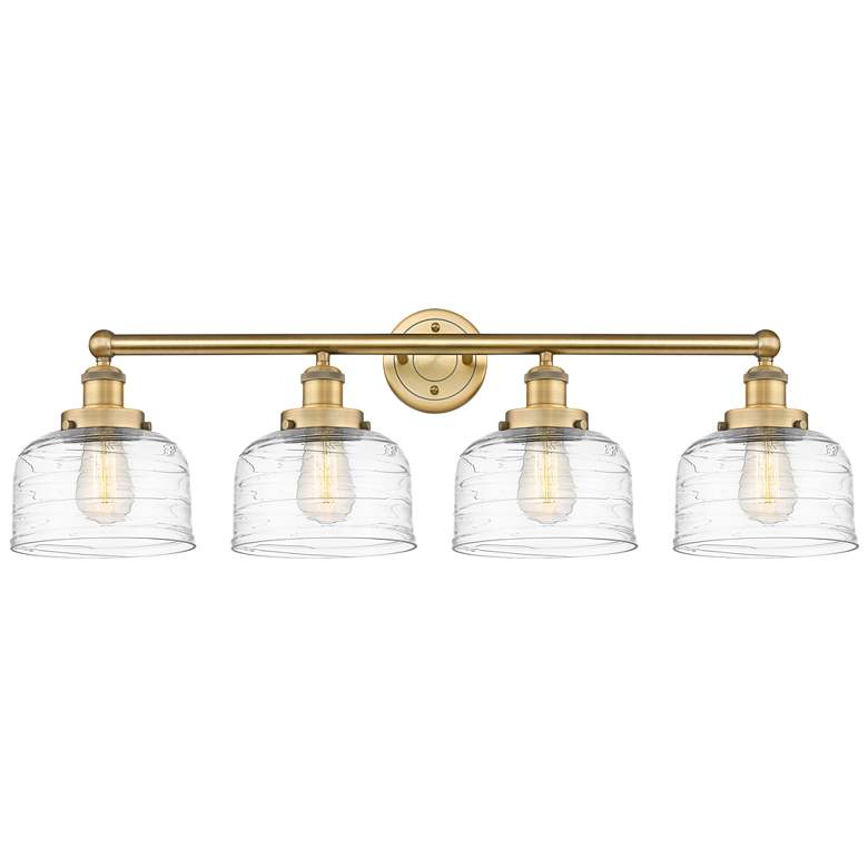 Image 1 Large Bell 33.5"W 4 Light Brushed Brass Bath Light w/ Deco Swirl Shade