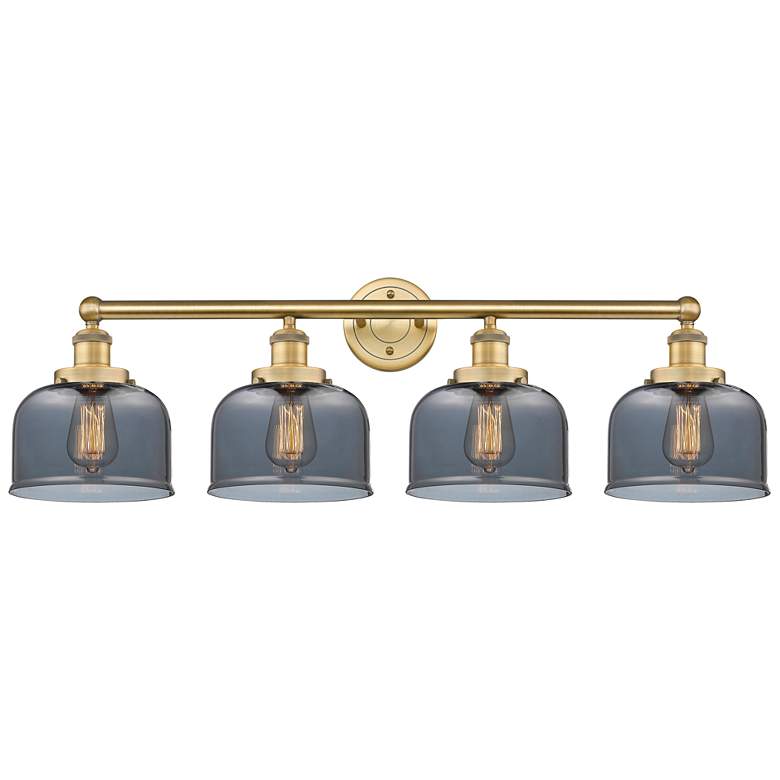 Image 1 Large Bell 33.5"W 4 Light Brushed Brass Bath Light w/ Plated Smoke Sha