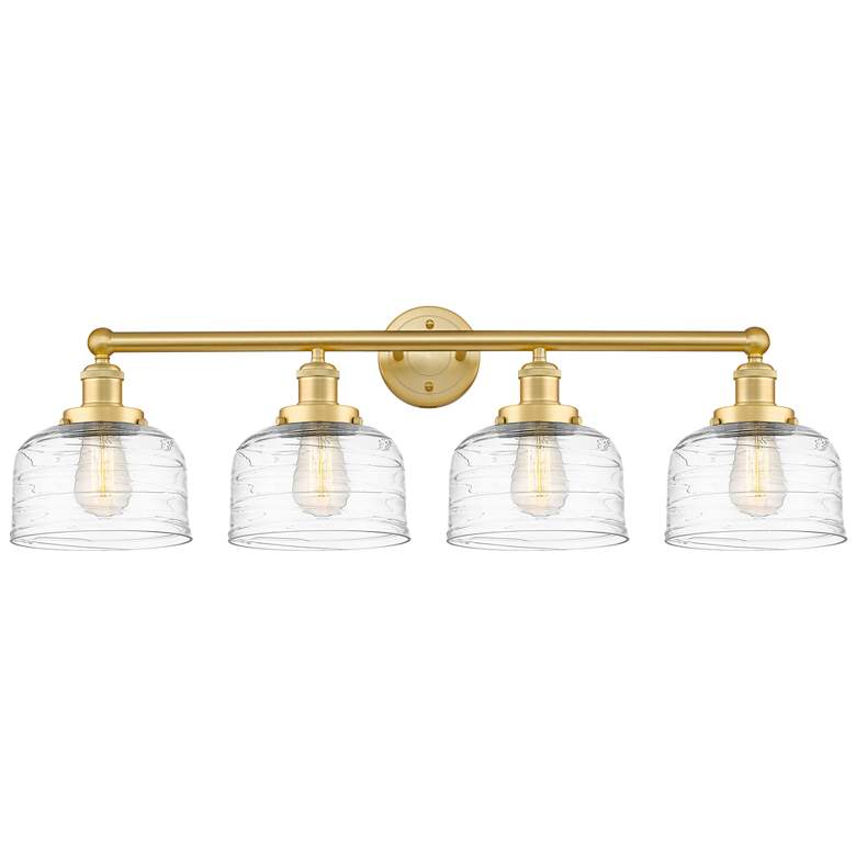 Image 1 Large Bell 33.5"W 4 Light Satin Gold Bath Vanity Light w/ Deco Swirl S