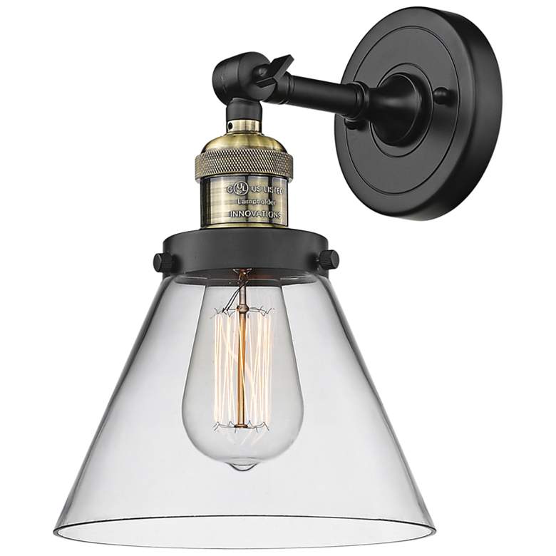Image 2 Large Cone 10" High Black and Brass Adjustable Wall Sconce