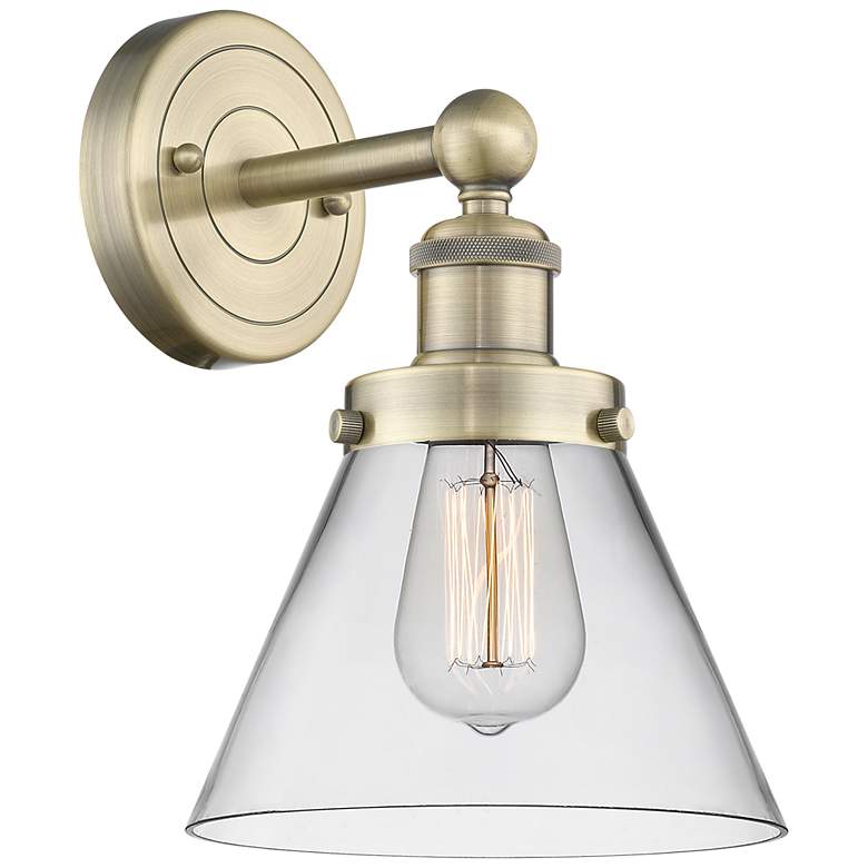 Image 1 Large Cone 11.5"High Antique Brass Sconce With Clear Shade
