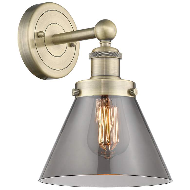 Image 1 Large Cone 11.5"High Antique Brass Sconce With Plated Smoke Shade