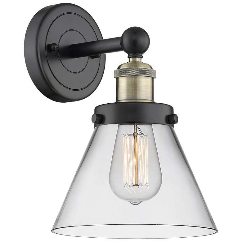 Image 1 Large Cone 11.5"High Black Antique Brass Sconce With Clear Shade