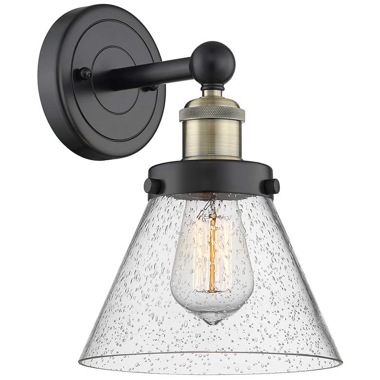 Image 1 Large Cone 11.5"High Black Antique Brass Sconce With Seedy Shade