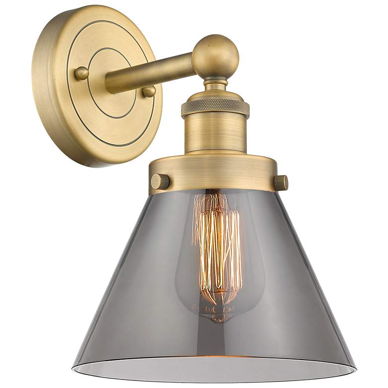 Image 1 Large Cone 11.5"High Brushed Brass Sconce With Plated Smoke Shade