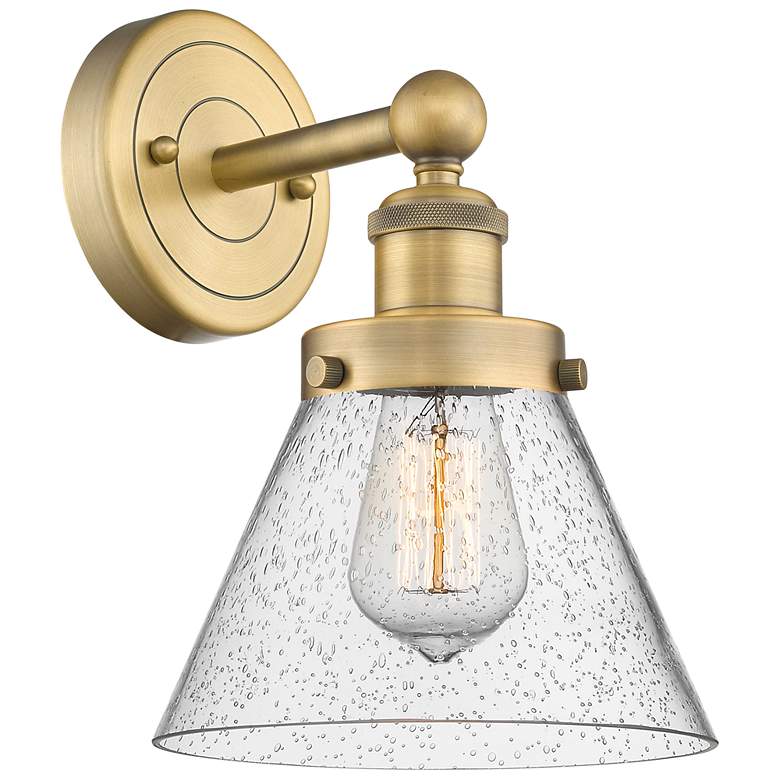 Image 1 Large Cone 11.5"High Brushed Brass Sconce With Seedy Shade