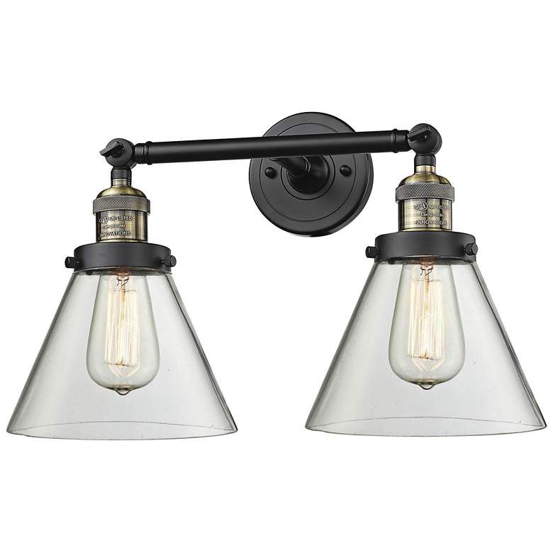Large Cone 11 inchH Black and Brushed Brass 2-Light Wall Sconce