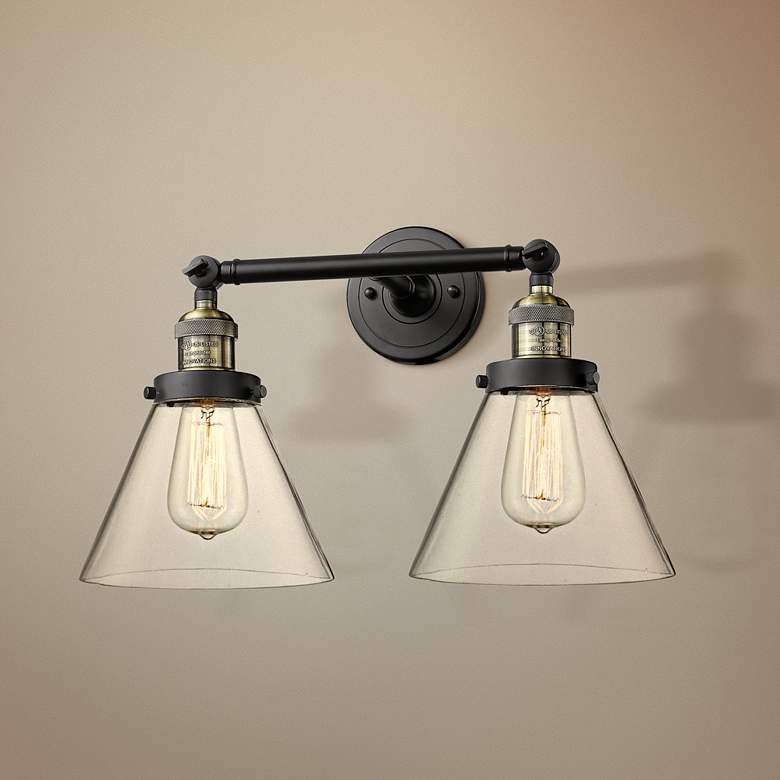 Image 1 Large Cone 11"H Black and Brushed Brass 2-Light Wall Sconce